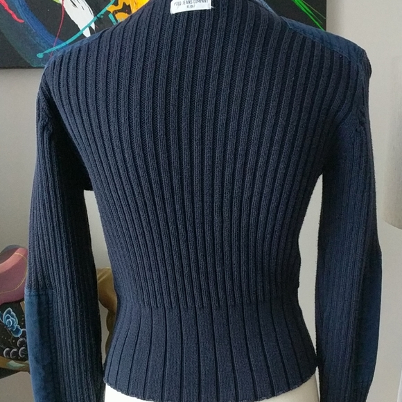 Vintage mid 80s Polo Jeans Co navy sweater with elbow and shoulder pads - Picture 2 of 6